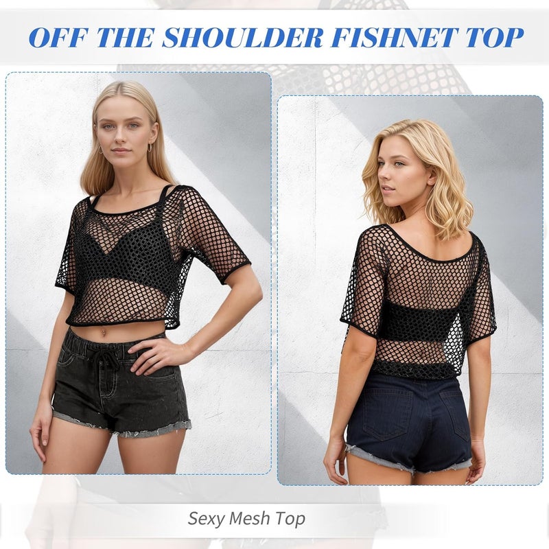 PKRFCJ 80s Neon Shirts for Women, Fishnet Top, Casual Neon Clothes, Off-Shoulder T-Shirt, Suitable for Masquerade Disco Party - Image 2